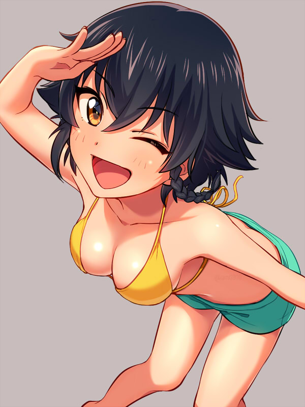 1girl ;d bangs bikini black_hair braid breasts cleavage commentary_request dutch_angle eyebrows_visible_through_hair girls_und_panzer grey_background hair_between_eyes medium_breasts one_eye_closed open_mouth pepperoni_(girls_und_panzer) salute sayshownen short_braid side_braid simple_background single_braid smile solo swimsuit yellow_bikini yellow_eyes