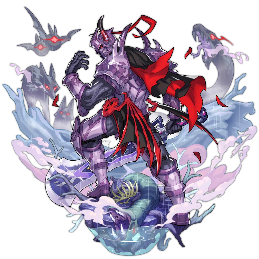 armor bat_wings berserker_(dragalia_lost) bone cape coral dragalia_lost fog fox from_behind full_armor full_body glowing glowing_eyes holding holding_weapon horns looking_at_viewer looking_back non-web_source official_art ribs snake sword water weapon wings