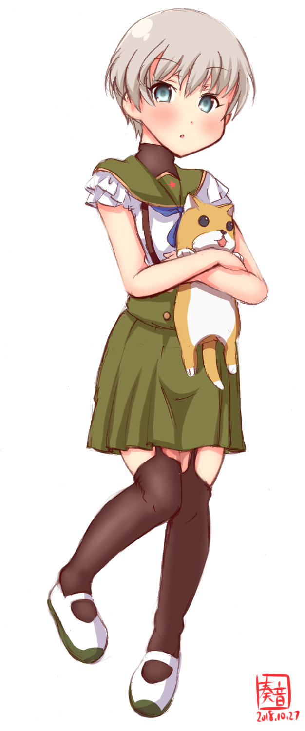 1girl alternate_costume artist_logo blue_eyes blue_neckwear blush brown_legwear collared_shirt dated dog eyebrows_visible_through_hair full_body green_skirt hair_between_eyes highres kanon_(kurogane_knights) kantai_collection looking_at_viewer neckerchief shirt shoes short_hair short_sleeves signature silver_hair simple_background skirt solo thigh-highs thigh_strap white_background white_shirt z1_leberecht_maass_(kantai_collection)