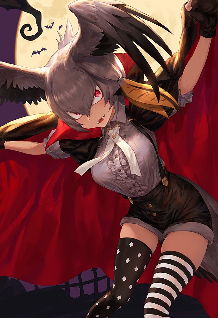 1girl :d alternate_eye_color bangs bat bird_tail black_gloves black_shorts blonde_hair cape center_frills commentary fangs fingerless_gloves full_moon gloves grey_hair guchico hair_between_eyes halloween halloween_costume head_wings kemono_friends long_hair looking_at_viewer low_ponytail mismatched_legwear moon multicolored_hair open_mouth outstretched_arms puffy_short_sleeves puffy_sleeves red_eyes shirt shoebill_(kemono_friends) short_sleeves shorts side_ponytail smile solo spread_arms spread_wings striped striped_legwear suspender_shorts suspenders v-shaped_eyebrows vampire_costume white_shirt