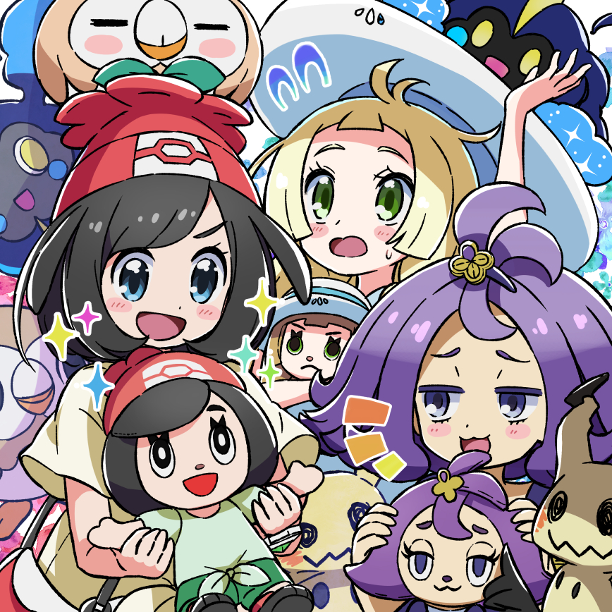 3girls acerola_(pokemon) arm_up bag beanie black_hair blonde_hair blue_eyes character_doll cosmog creatures_(company) doll elite_four flipped_hair game_freak gen_7_pokemon green_eyes hair_ornament handbag hat holding holding_doll kingin lillie_(pokemon) long_hair mimikyu mizuki_(pokemon) multiple_girls nintendo open_mouth pokemon pokemon_(creature) pokemon_(game) pokemon_sm purple_hair red_hat rowlet short_hair short_sleeves sun_hat trial_captain violet_eyes white_hat z-ring