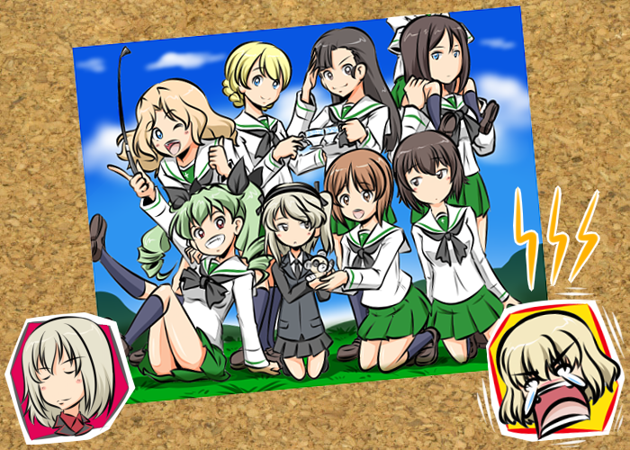 6+girls :d alternate_costume anchovy angry arm_support asymmetrical_bangs bangs black_eyes black_hair black_jacket black_legwear black_neckwear black_ribbon black_skirt blonde_hair blouse blue_eyes blue_sky blush boko_(girls_und_panzer) braid brown_eyes brown_footwear brown_hair bulletin_board carrying closed_eyes closed_mouth clouds cloudy_sky cup darjeeling day dress_shirt drill_hair eyebrows_visible_through_hair girls_und_panzer grass green_hair green_skirt grin hair_intakes hair_ribbon head_out_of_frame holding holding_cup holding_stuffed_animal inset itsumi_erika jacket katyusha kay_(girls_und_panzer) kneeling kogane_(staygold) kuromorimine_military_uniform leaning_back leaning_forward leaning_to_the_side legs_up light_brown_hair light_frown lightning_bolt loafers long_hair long_sleeves looking_at_another looking_at_viewer military military_uniform miniskirt motion_lines multiple_girls neckerchief necktie nishi_kinuyo nishizumi_maho nishizumi_miho o_o ooarai_school_uniform open_mouth outdoors oversized_clothes photo_(object) pleated_skirt red_eyes red_shirt ribbon riding_crop salute school_uniform selection_university_military_uniform serafuku shimada_arisu shirt shoes short_hair shoulder_carry siblings side_ponytail sisters sitting skirt sky smile socks standing stuffed_animal stuffed_toy swept_bangs teacup tearing_up thumbs_up tied_hair twin_braids twin_drills twintails uniform v-shaped_eyebrows white_blouse white_shirt