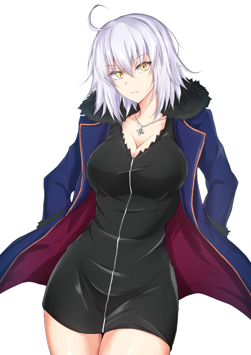 1girl ahoge bangs black_dress blue_jacket breasts cleavage collarbone commentary_request cowboy_shot dress eyebrows_visible_through_hair fate/grand_order fate_(series) fur_trim hair_between_eyes head_tilt highres jacket jeanne_d'arc_(alter)_(fate) jeanne_d'arc_(fate)_(all) jewelry large_breasts long_sleeves looking_at_viewer open_clothes open_jacket parted_lips pendant piro_(iiiiiiiiii) shiny shiny_skin short_dress short_hair silver_hair simple_background solo standing thighs white_background wicked_dragon_witch_ver._shinjuku_1999 yellow_eyes