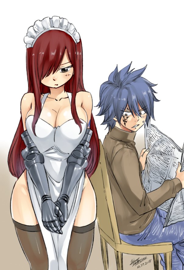 1boy 1girl apron armor bare_shoulders blue_hair blush breasts cleavage denim erza_scarlet fairy_tail hair_over_one_eye half-closed_eyes hetero hips jeans jellal_fernandes large_breasts long_sleeves maid maid_headdress mashima_hiro newspaper overalls pants pelvic_curtain pout redhead signature simple_background sitting standing sweatdrop sweater tattoo thigh-highs turtleneck turtleneck_sweater white_background