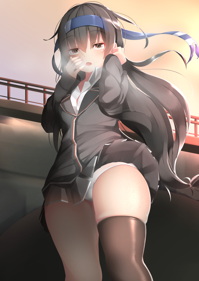 1girl black_hair black_jacket black_legwear blazer blush breasts breath bridge collared_shirt eyebrows_visible_through_hair from_below hatsushimo_(kantai_collection) headband jacket kantai_collection long_hair long_sleeves looking_at_viewer looking_down low-tied_long_hair morning ne_an_ito open_mouth outdoors panties pleated_skirt red_eyes remodel_(kantai_collection) school_uniform shirt single_thighhigh skirt sky small_breasts solo standing thigh-highs underwear white_panties white_shirt