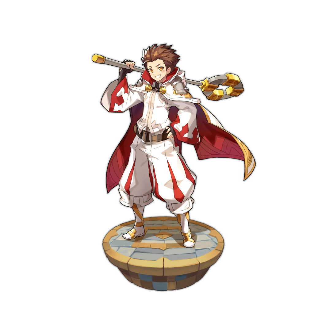 1boy artist_request boots brown_hair cape dragalia_lost fingerless_gloves gloves holding holding_staff hope_(dragalia_lost) looking_at_viewer non-web_source official_art short_hair smile staff transparent_background wide_sleeves yellow_eyes