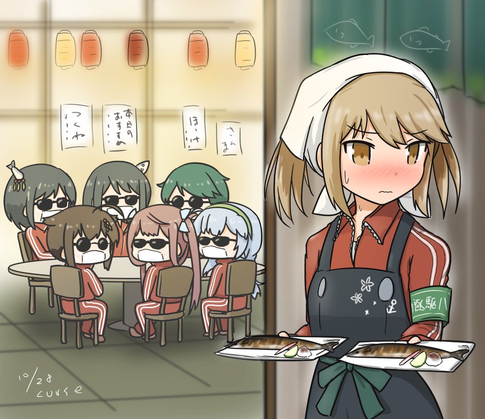 6+girls apron armband artist_name asagumo_(kantai_collection) bandanna black_apron brown_eyes chair curse_(023) dated disguise face_mask fish fusou_(kantai_collection) jacket kantai_collection light_brown_hair mask michishio_(kantai_collection) mogami_(kantai_collection) multiple_girls red_jacket saury shigure_(kantai_collection) short_hair solo_focus sunglasses table track_jacket track_suit yamagumo_(kantai_collection) yamashiro_(kantai_collection)
