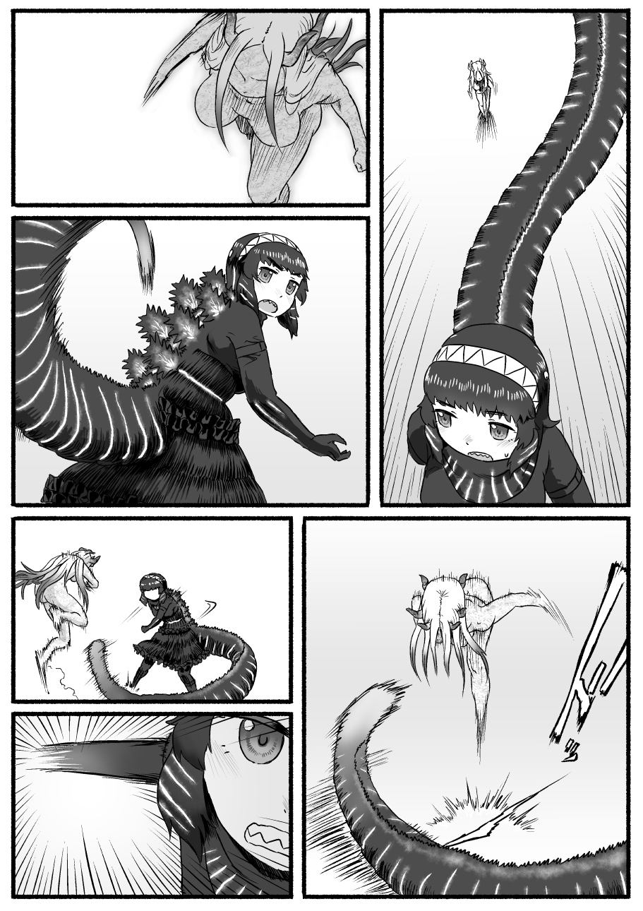 2girls attack clenched_teeth comic emphasis_lines godzilla godzilla_(series) greyscale highres horns jumping kishida_shiki long_hair looking_at_another monochrome motion_lines multiple_girls nude running shin_godzilla silent_comic speed_lines tail teeth