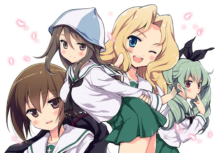 4girls alternate_costume anchovy arm_support arms_behind_back bangs black_neckwear black_ribbon blonde_hair blouse blue_eyes blue_hat blush brown_eyes brown_hair closed_mouth commentary_request drill_hair eyebrows_visible_through_hair finger_to_mouth girls_und_panzer green_hair green_skirt hair_intakes hair_ribbon hat kay_(girls_und_panzer) leaning_forward light_particles long_hair long_sleeves looking_at_viewer mika_(girls_und_panzer) miniskirt multiple_girls neckerchief nishizumi_maho odawara_hakone one_eye_closed ooarai_school_uniform pleated_skirt red_eyes ribbon school_uniform serafuku short_hair skirt smile standing thumbs_up trait_connection twin_drills twintails white_blouse