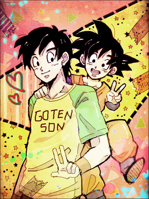 2boys :d age_difference black_eyes black_hair character_name clothes_writing dougi dragon_ball dragonball_z dual_persona green_shirt hand_on_another's_shoulder happy heart jumping long_sleeves looking_at_viewer looking_away male_focus multicolored multicolored_background multiple_boys open_mouth pink_background shirt short_hair short_sleeves smile son_goten spiky_hair standing star starry_background teeth upper_body v wristband yellow_background yellow_sleeves