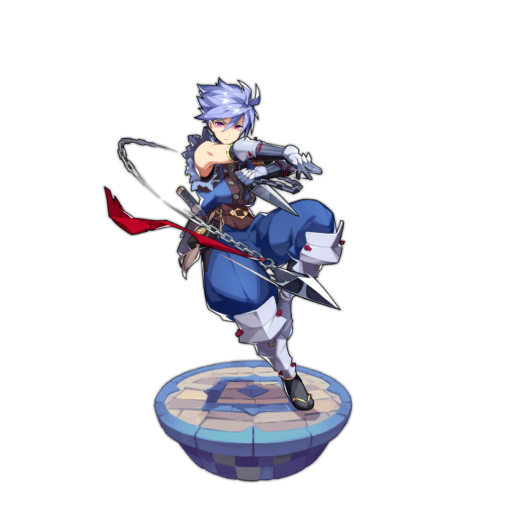 1boy artist_request attacking_viewer bare_shoulders blue_hair dagger dragalia_lost holding jurota kunai looking_at_viewer ninja non-web_source official_art sandals short_hair throwing transparent_background violet_eyes weapon