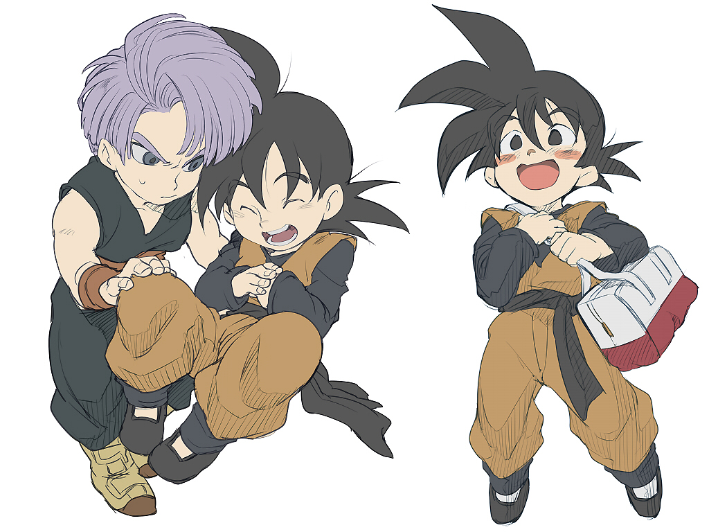 2boys :d ^_^ bag black_hair black_legwear blush blush_stickers boots clenched_hands clone closed_eyes closed_eyes dougi dragon_ball dragonball_z eyebrows_visible_through_hair fingernails floating frown full_body grey_eyes hand_on_another's_knee hands_on_own_chest hands_together happy long_sleeves looking_at_another looking_away male_focus multiple_boys nervous open_mouth purple_hair short_hair simple_background sleeveless smile son_goten spiky_hair sweatdrop trunks_(dragon_ball) u-min white_background wristband