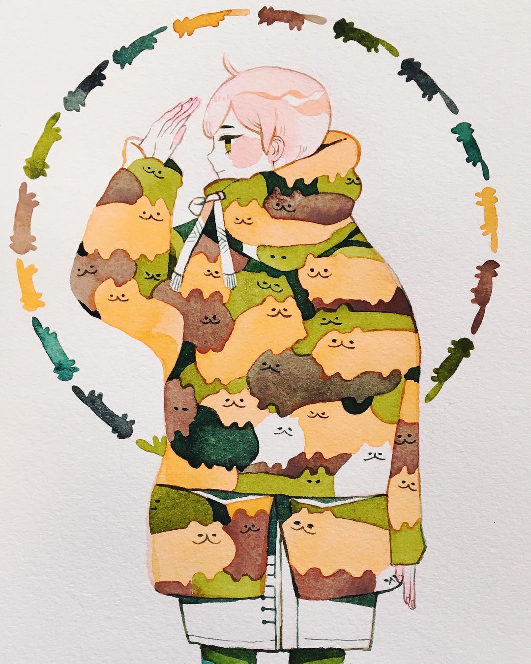 1girl animal_print blush brown_cat cat cat_print cowboy_shot drawstring green_cat green_eyes hand_up highres hood hoodie long_sleeves looking_to_the_side maruti_bitamin orange_cat original pale_skin pink_hair profile short_hair solo white_cat