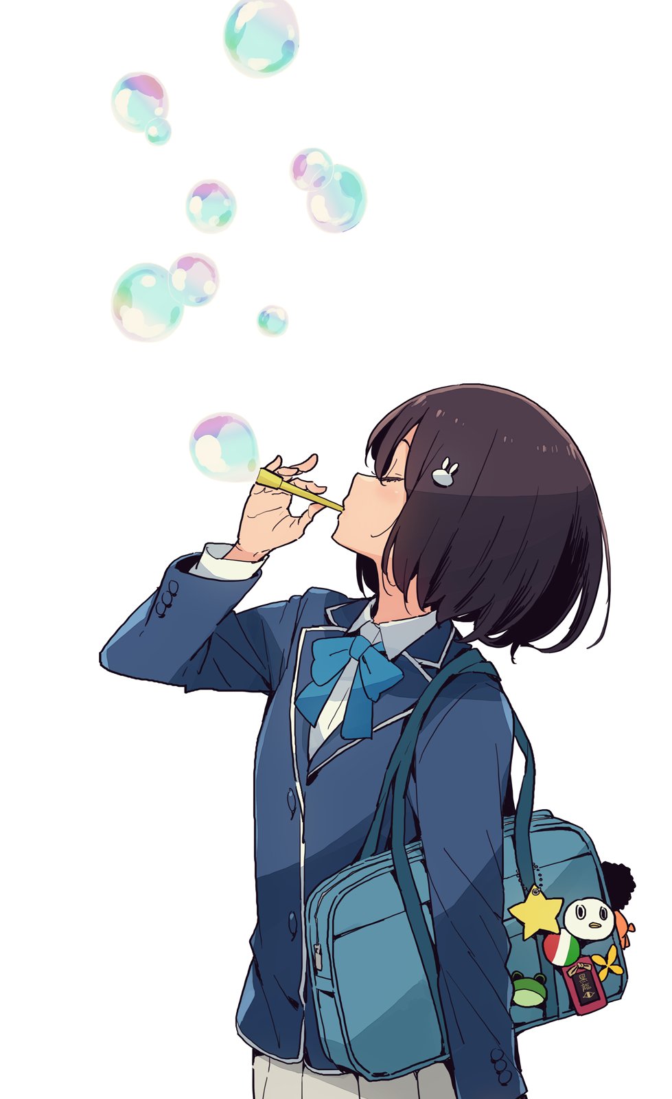 1girl arm_at_side bag bag_charm bangs blue_neckwear bob_cut bow bowtie brown_hair bubble bubble_blowing bubble_pipe bunny_hair_ornament charm_(object) closed_eyes commentary_request hair_ornament hand_up highres holding imigimuru jacket kono_bijutsubu_niwa_mondai_ga_aru! long_sleeves omamori pleated_skirt profile school_bag school_uniform short_hair simple_background skirt solo standing star upper_body usami_mizuki white_background wing_collar