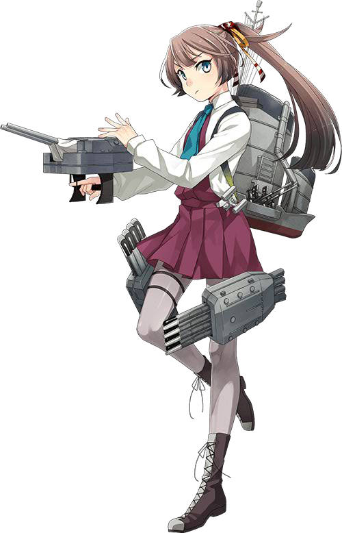 1girl blue_neckwear boots brown_hair closed_mouth cross-laced_footwear depth_charge_projector dress_shirt fujikawa full_body grey_legwear hair_ribbon kantai_collection kazagumo_(kantai_collection) lace-up_boots light_blue_eyes long_hair looking_at_viewer necktie official_art pantyhose ponytail ribbon rigging shirt solo torpedo_launcher transparent_background turret white_shirt