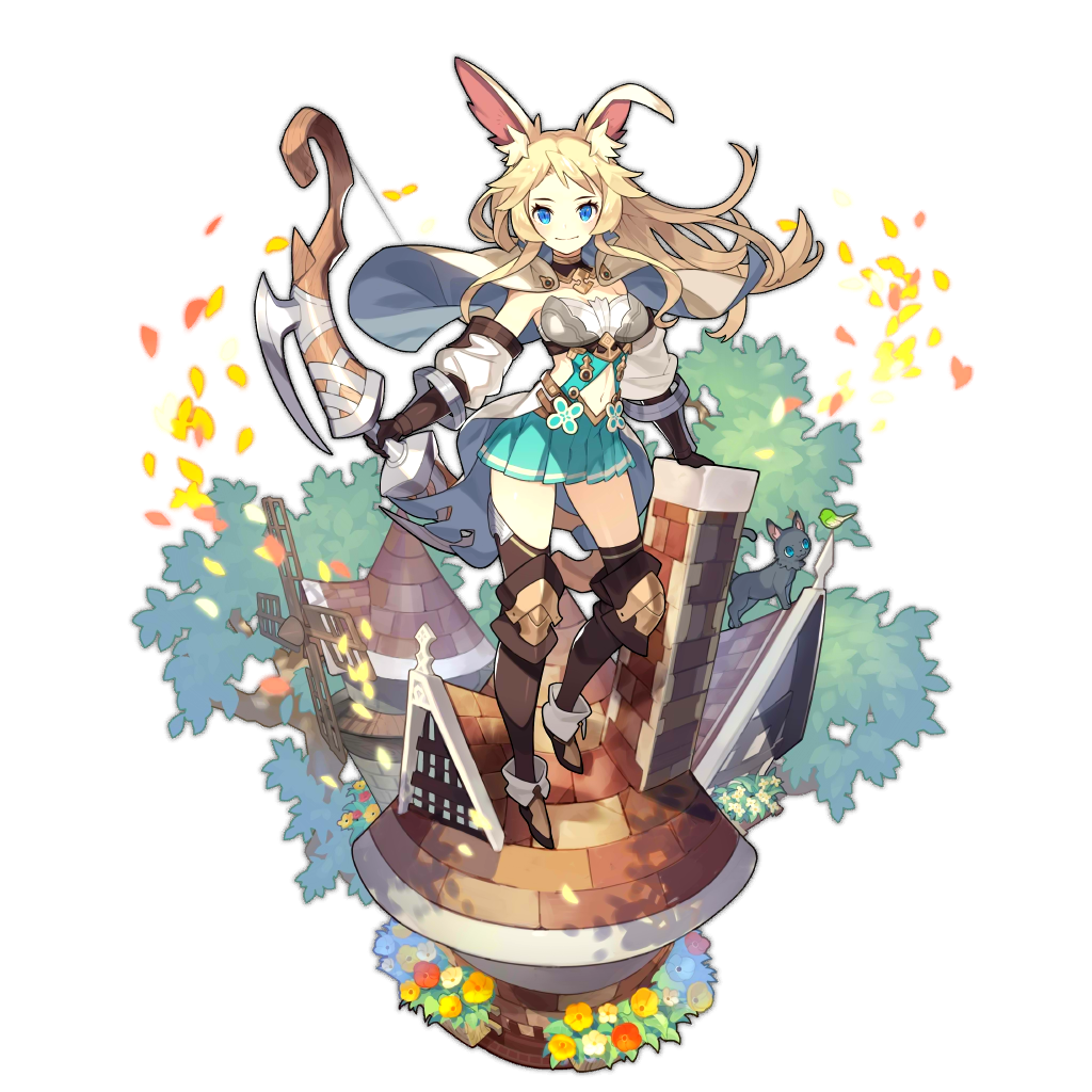 animal_ears artist_request blonde_hair blue_eyes boots bow cape cat dragalia_lost holding holding_weapon leaf long_hair looking_at_viewer midriff midriff_cutout non-web_source official_art petals rabbit_ears skirt transparent_background tree weapon