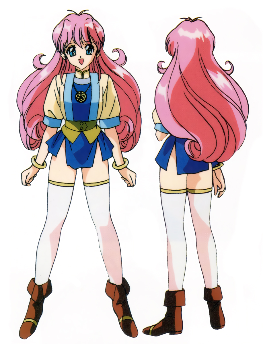 90s back blue_eyes boots bracelet brown_footwear full_body highres jewelry long_hair looking_at_viewer megami_paradise multiple_views official_art open_mouth pendant pink_hair rurubell short_sleeves simple_background skirt standing thigh-highs white_background white_legwear