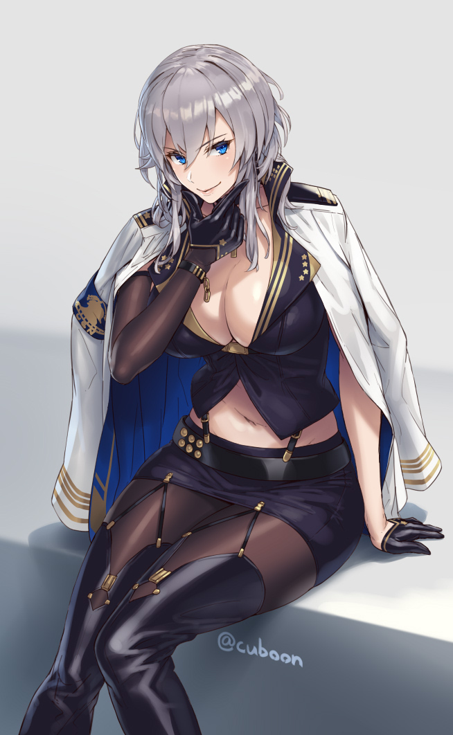 1girl azur_lane blue_eyes boots breasts cleavage commentary_request cuboon eyebrows_visible_through_hair garters gloves hand_on_own_chin jacket_on_shoulders large_breasts midriff miniskirt navel pantyhose short_hair simple_background sitting skirt smile solo thigh-highs thigh_boots twitter_username washington_(azur_lane) white_background white_hair