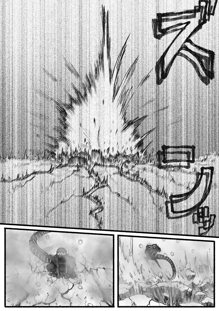 1girl comic cracked_floor destruction godzilla godzilla_(series) greyscale hairband highres kishida_shiki monochrome personification shin_godzilla solo sound_effects tail