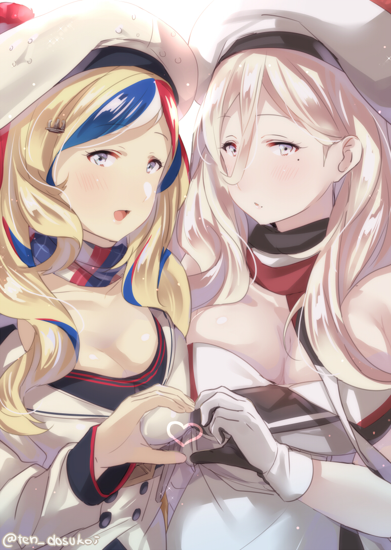 2girls :d asymmetrical_docking beret blonde_hair blue_eyes blue_hair breast_press breasts commandant_teste_(kantai_collection) commentary_request dress gloves hair_between_eyes hands_together hat jacket juurouta kantai_collection large_breasts long_hair looking_at_viewer mole mole_under_eye mole_under_mouth multicolored_hair multiple_girls open_mouth redhead richelieu_(kantai_collection) smile strapless strapless_dress streaked_hair twitter_username white_hair yellow_eyes