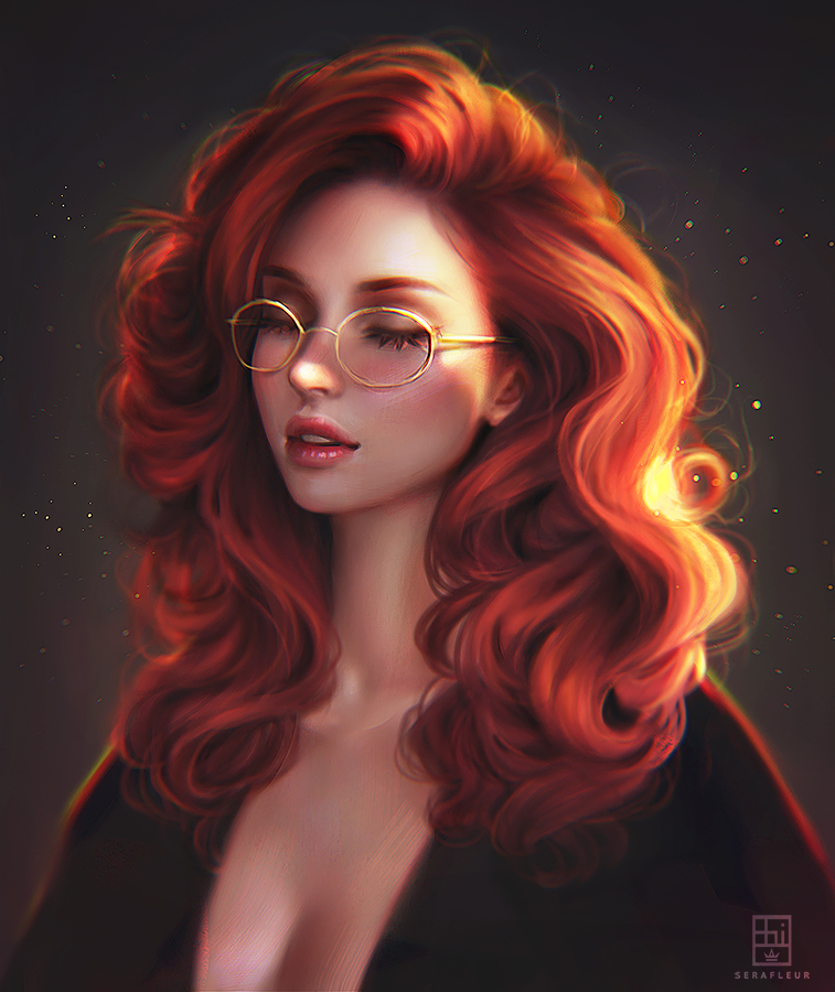 1girl abigail_diaz artist_name backlighting breasts cleavage closed_eyes commentary curly_hair english_commentary eyebrows eyelashes forehead glasses kagami_miyazaki_ishikawa lips lipstick long_hair makeup medium_breasts nose original parted_lips pink_lips realistic redhead signature solo upper_body yellow-framed_eyewear