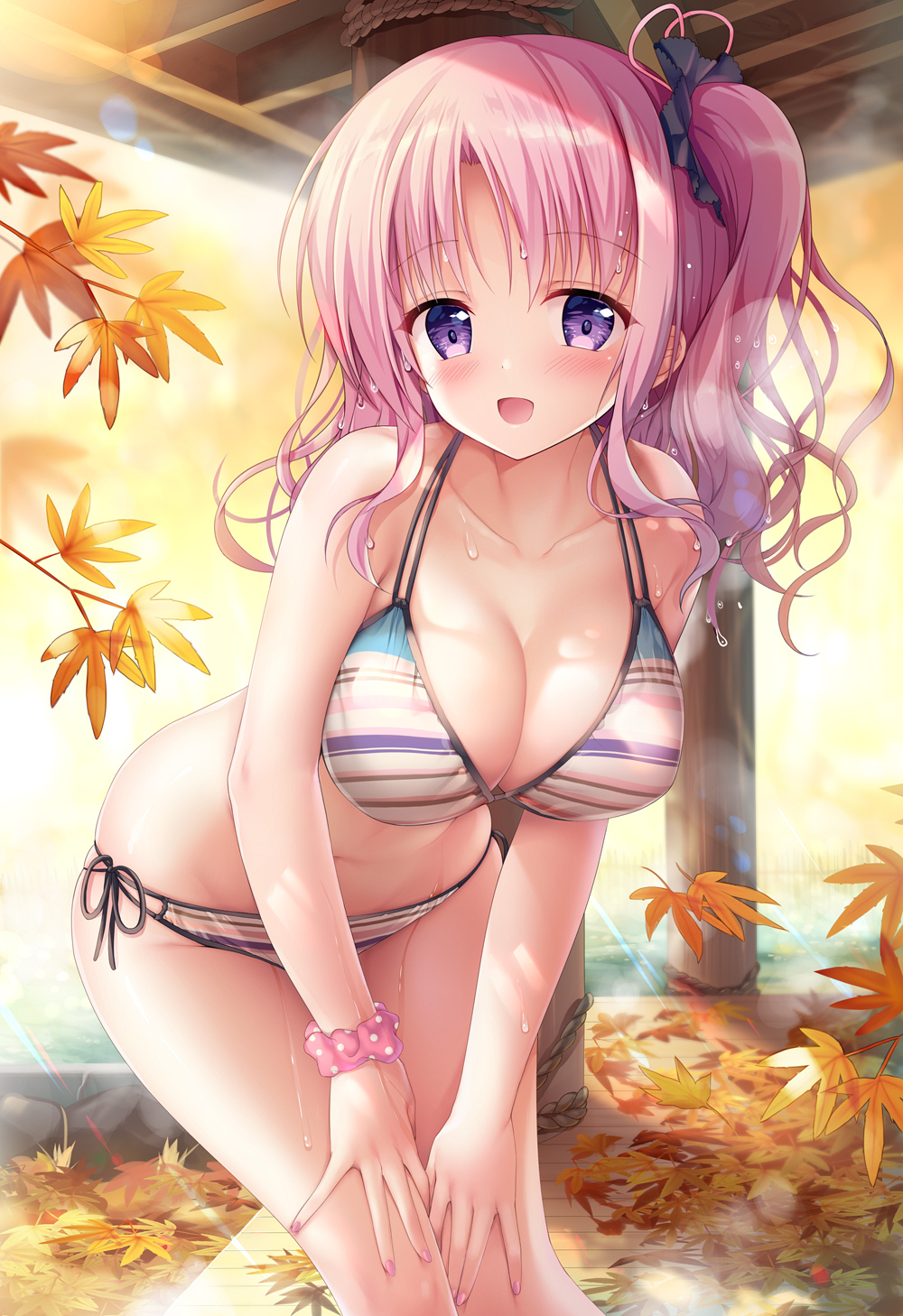 1girl :d autumn_leaves bangs bare_shoulders bikini blush breasts cleavage collarbone commentary_request eyebrows_visible_through_hair hair_ribbon hands_on_legs highres large_breasts leaf leaning_forward long_hair looking_at_viewer maple_leaf nail_polish one_side_up open_mouth original pink_hair pink_ribbon revision ribbon side-tie_bikini smile solo sousouman standing striped striped_bikini swimsuit violet_eyes wet