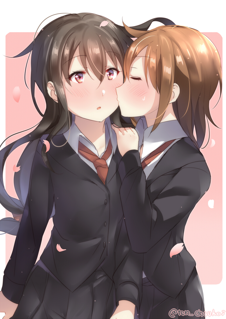 2girls bangs black_jacket black_skirt blazer border breasts cheek_kiss closed_eyes collared_shirt commentary_request couple dress_shirt facing_another hand_on_another's_shoulder hatsushimo_(kantai_collection) jacket juurouta kantai_collection kiss long_hair multiple_girls necktie outside_border petals pink_background pleated_skirt profile raised_eyebrows red_neckwear rounded_corners shirt sketch_eyebrows skirt small_breasts standing surprised twitter_username wakaba_(kantai_collection) white_border white_shirt wing_collar yuri