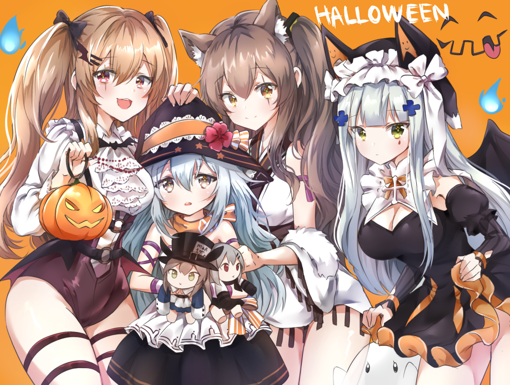 404_(girls_frontline) 4girls :d animal_ear_fluff animal_ears bangs bare_shoulders bat_wings black_dress black_hat black_skirt black_wings blue_hair blush breasts brown_eyes brown_hair brown_leotard character_doll cleavage closed_mouth commentary dress english_commentary eyebrows_visible_through_hair fur_trim g11_(girls_frontline) ghost girls_frontline hair_between_eyes hair_ornament halloween hand_on_headwear hat hk416_(girls_frontline) holding jack-o'-lantern japanese_clothes kemonomimi_mode kimono leaning_forward leotard light_brown_hair long_hair long_sleeves medium_breasts melings_(aot2846) multiple_girls open_mouth orange_background parted_lips puffy_long_sleeves puffy_short_sleeves puffy_sleeves purple_ribbon red_eyes ribbon shirt short_dress short_kimono short_over_long_sleeves short_sleeves silver_hair skirt smile twintails ump45_(girls_frontline) ump9_(girls_frontline) upper_teeth very_long_hair white_kimono white_shirt wings witch_hat