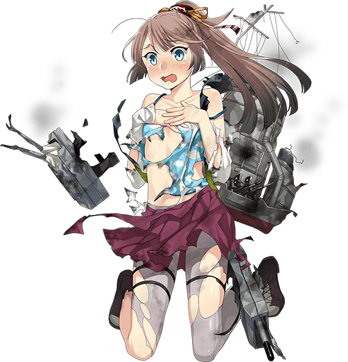 1girl animal_print blue_camisole blush boots bow broken broken_weapon brown_hair burnt_clothes camisole covering covering_chest cross-laced_footwear damaged fish_print fujikawa full_body grey_legwear hair_ribbon hands_on_own_chest kantai_collection kazagumo_(kantai_collection) kneeling lace-up_boots light_blue_eyes long_hair looking_ahead official_art open_mouth panicking pantyhose ponytail ribbon rigging shirt smoke solo tearing_up torn_camisole torn_clothes torn_legwear torpedo_launcher transparent_background turret wavy_mouth weapon white_shirt yellow_bow