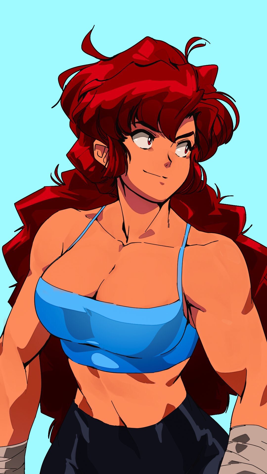 1girl 90s arm_wrap big_hair blue_background breasts collarbone commentary crop_top dark_skin david_liu english_commentary highres long_hair maria_(space_maria) midriff navel red_eyes redhead solo space_maria spaghetti_strap toned