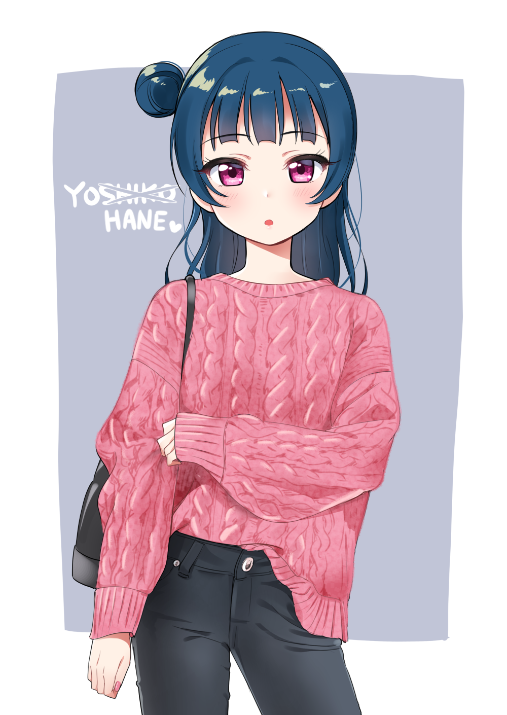 1girl :o bag bangs black_pants blue_hair blush character_name clenched_hands cowboy_shot crossed_out deadnooodles highres long_hair long_sleeves looking_at_viewer love_live! love_live!_sunshine!! nail_polish pants pink_nails pink_sweater shoulder_bag side_bun solo sweater tsushima_yoshiko violet_eyes