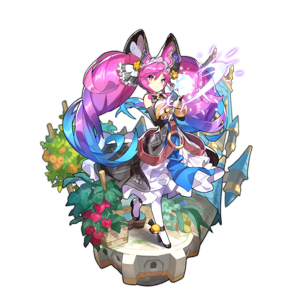 :o bare_shoulders bell clau_(dragalia_lost) detached_sleeves dragalia_lost dress food fruit gradient_hair high_heels holding holding_staff multicolored_hair non-web_source official_art purple_hair staff violet_eyes