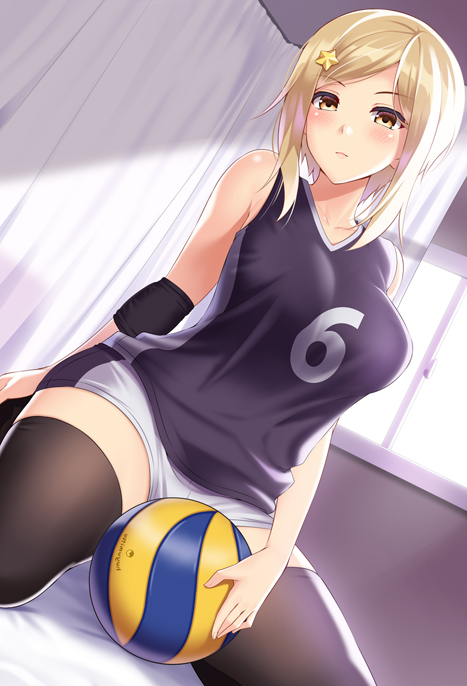 1girl bangs bed bed_sheet between_legs black_legwear blonde_hair blue_shirt blush breasts brown_eyes closed_mouth commentary_request elbow_pads eyebrows_visible_through_hair gym_shorts gym_uniform hair_ornament hairclip huyumitsu indoors large_breasts long_hair looking_at_viewer number on_bed original shirt shorts sleeveless sleeveless_shirt solo sportswear spread_legs thigh-highs thighs uniform volleyball_uniform white_shorts