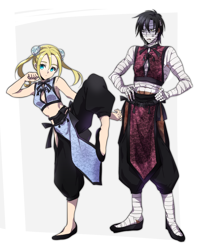 1boy 1girl alternate_costume bandage black_footwear black_hair black_pants black_ribbon blonde_hair breasts cleavage_cutout double_bun floating_hair full_body hands_on_hips leg_up long_hair midriff neck_ribbon pants rachel_gardner riarashu_(pixiv3133536) ribbon satsuriku_no_tenshi sleeveless small_breasts stance standing standing_on_one_leg stomach twintails