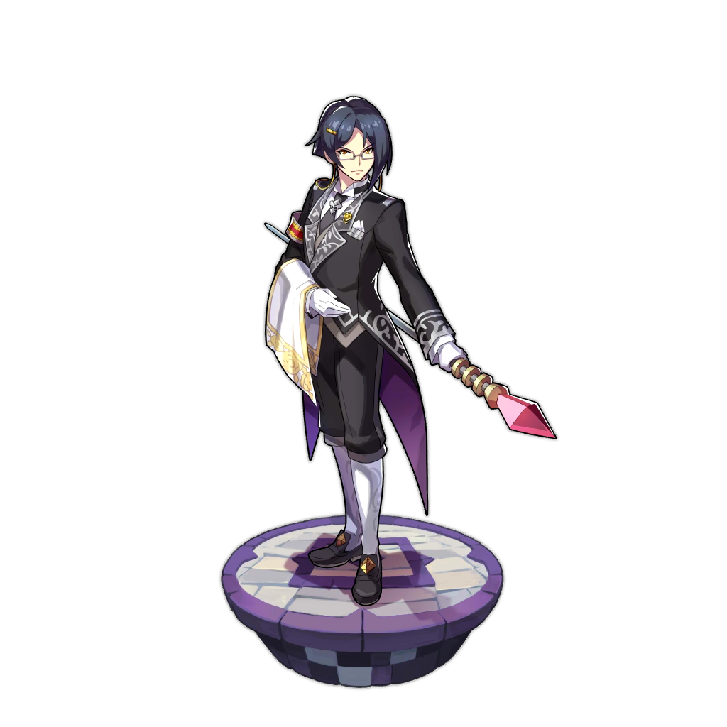 1boy black_footwear black_hair butler dragalia_lost edward_(dragalia_lost) glasses hair_ornament hairclip holding holding_staff looking_at_viewer non-web_source official_art staff transparent_background yellow_eyes