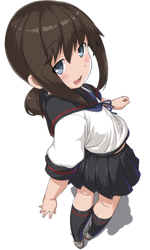 1girl blue_eyes brown_hair dd_(ijigendd) fubuki_(kantai_collection) kantai_collection looking_at_viewer looking_back low_ponytail pleated_skirt ponytail remodel_(kantai_collection) school_uniform serafuku short_ponytail sidelocks skirt smile solo