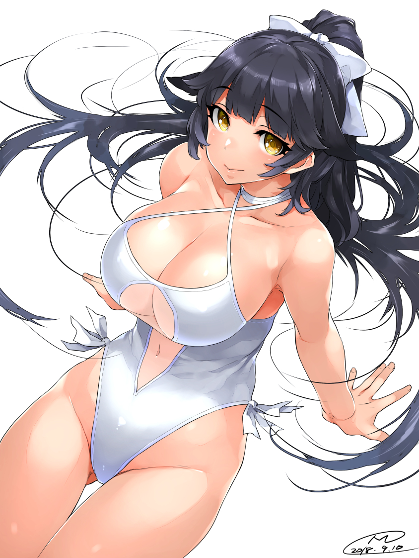 1girl animal_ears arm_support azur_lane bare_shoulders black_hair blush bow breasts casual_one-piece_swimsuit center_opening cleavage collarbone commentary_request cowboy_shot criss-cross_halter curvy dated dog_ears eyebrows_visible_through_hair groin hair_between_eyes hair_bow hair_ears hair_flaps halterneck happa_(cloverppd) highleg highleg_swimsuit large_breasts light_smile lips looking_at_viewer navel_cutout one-piece_swimsuit pink_lips ponytail ribbon shiny shiny_skin signature simple_background sitting solo swimsuit takao_(azur_lane) thigh_gap thighs white_background white_bow white_ribbon white_swimsuit yellow_eyes