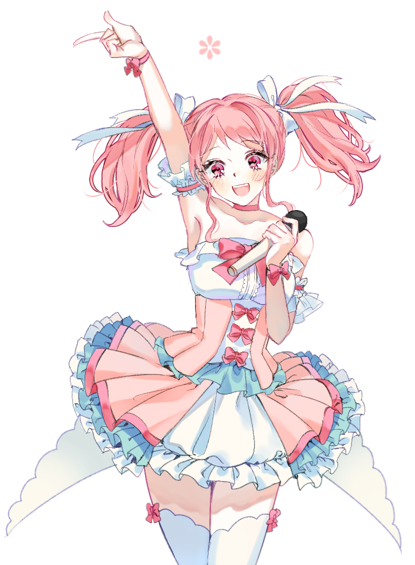 1girl :d arm_up armpits bang_dream! bangs bow bowtie choker detached_arm dress frilled_dress frills hair_ribbon holding holding_microphone index_finger_raised looking_at_viewer maruyama_aya microphone open_mouth pamipamu pink_bow pink_choker pink_dress pink_eyes pink_hair pink_neckwear ribbon sidelocks simple_background smile solo thigh-highs twintails white_background white_legwear white_ribbon wrist_bow