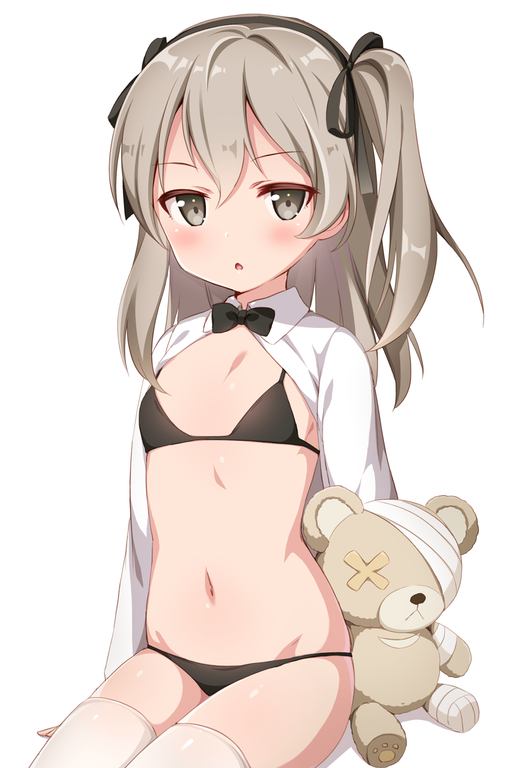 1girl :o bikini black_bikini black_hairband black_neckwear black_ribbon blush boko_(girls_und_panzer) bow bowtie brown_eyes brown_hair flat_chest girls_und_panzer hair_ribbon hairband highres looking_at_viewer navel ribbon shimada_arisu shirt short_hair side_ponytail simple_background solo stuffed_animal stuffed_toy swimsuit teddy_bear tiger_rmn white_background white_legwear white_shirt