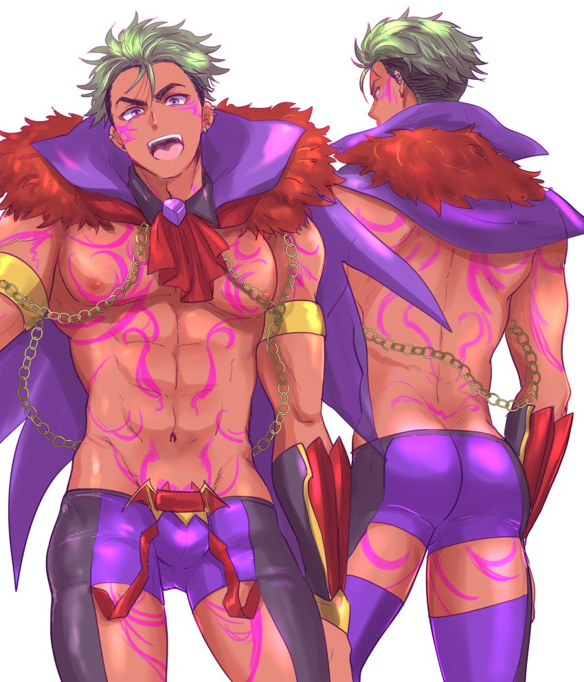 1boy abs ass body_markings cape chains cravat dark_skin dark_skinned_male green_hair king_of_prism:_prism_rush!_live king_of_prism_by_prettyrhythm lavender_eyes male_focus multicolored_hair nipples open_mouth pretty_rhythm revealing_clothes solo thigh_cutout toroi_(run01211) two-tone_hair yamato_alexander