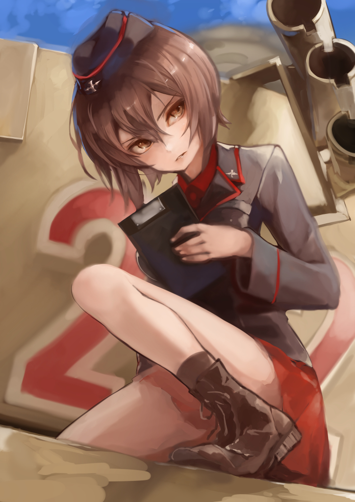 1girl ankle_boots bangs black_footwear black_hat black_jacket black_legwear boots brown_eyes brown_hair clipboard closed_mouth commentary dress_shirt emblem garrison_cap girls_und_panzer ground_vehicle hat holding jacket kuromorimine_military_uniform light_frown long_sleeves looking_at_viewer military military_hat military_uniform military_vehicle miniskirt motor_vehicle nagasawa_tougo nishizumi_maho one_knee pleated_skirt red_shirt red_skirt shirt short_hair skirt socks solo tank tiger_i uniform