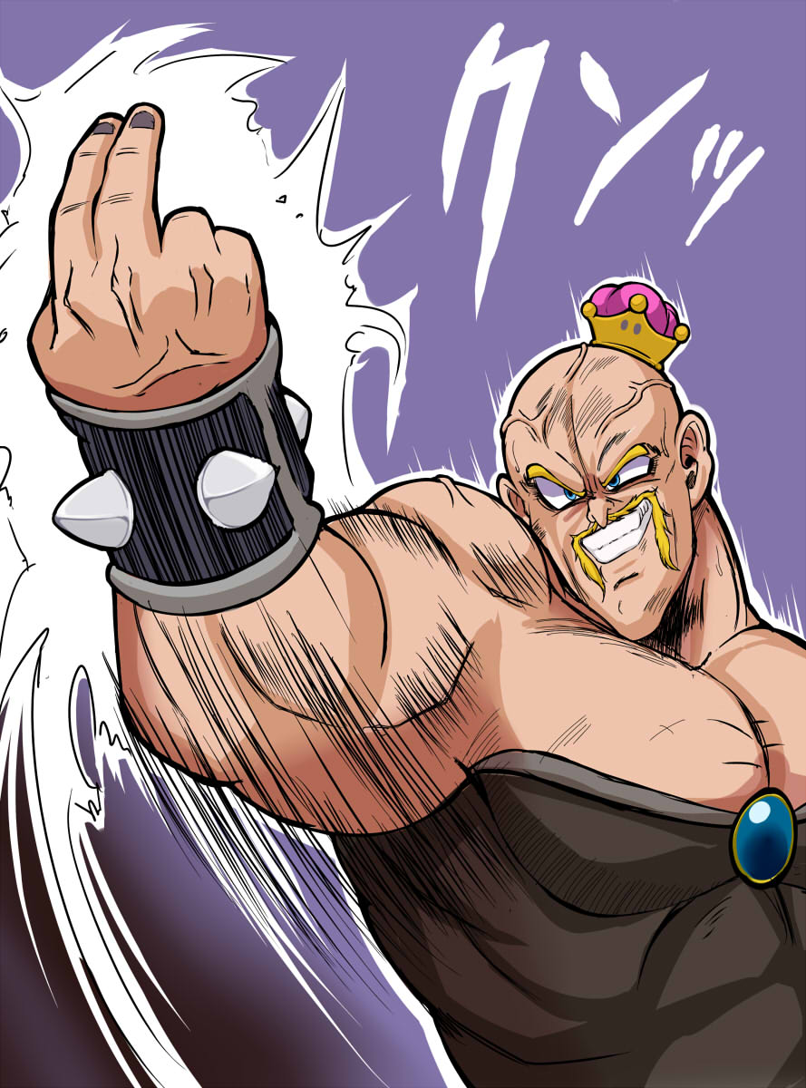 arm_up aura bald black_dress black_nails blonde_hair blue_brooch blue_eyes bowsette bowsette_(cosplay) brooch commentary_request cosplay crossdressinging crown dragon_ball dragonball_z dress facial_hair grin hat highres jewelry leotard male_focus super_mario_bros. masakichi_(heppouku) motion_lines muscle mustache nail_polish nappa new_super_mario_bros._u_deluxe nintendo partial_commentary purple_background scuffed simple_background smile spiked_armlet strapless strapless_leotard super_crown v-shaped_eyebrows veins