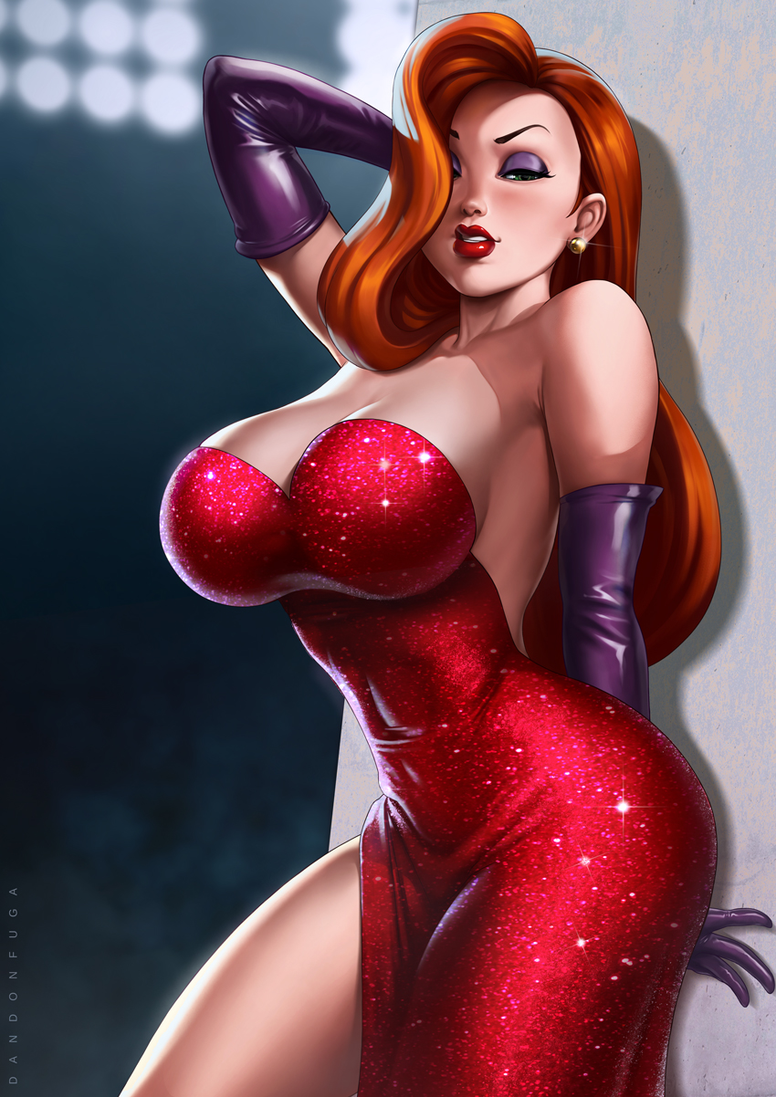 1girl bare_shoulders breasts covered_navel curvy dandon_fuga dress earrings elbow_gloves eyeshadow gloves grin highres hips jessica_rabbit jewelry large_breasts lipstick long_hair looking_at_viewer makeup parted_lips purple_gloves raised_eyebrows red_dress redhead smile solo thighs who_framed_roger_rabbit