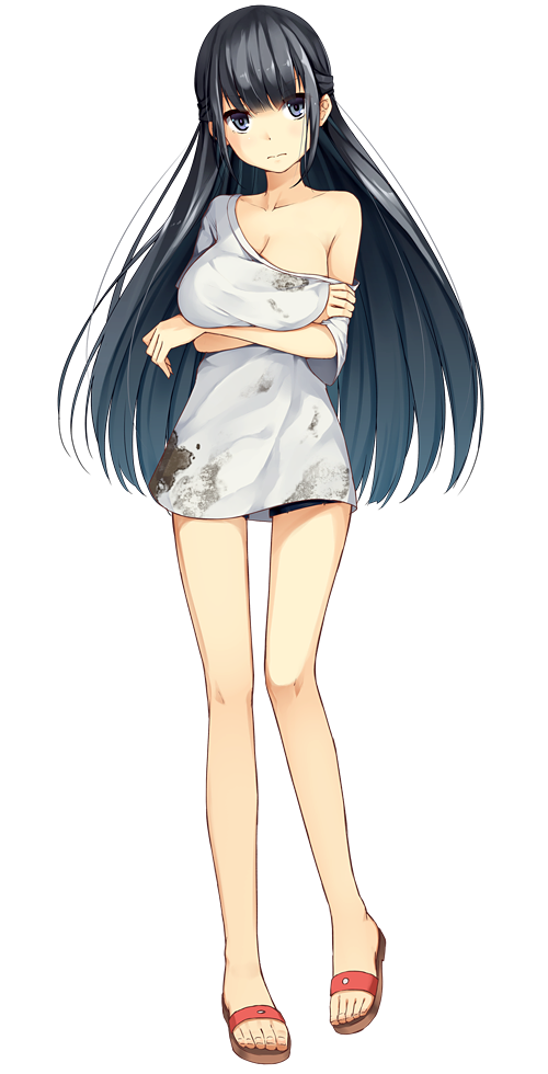 1girl :| black_eyes black_hair breast_lift breasts cleavage closed_mouth crossed_arms detached_sleeve dirty_clothes full_body hikaru_suwara large_breasts long_hair looking_at_viewer official_art patriarch_xtasy sandals shirt transparent_background white_shirt