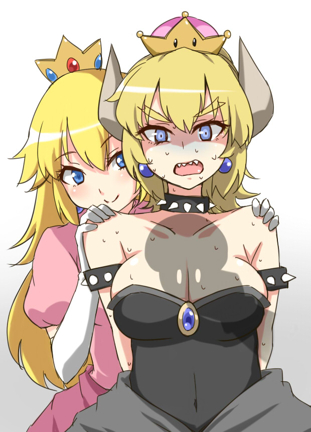2girls armband arms_behind_back blonde_hair blue_eyes bowsette breasts brooch cleavage collar crown dress earrings elbow_gloves eyebrows gloves hands_on_another's_shoulders horns jewelry large_breasts long_hair super_mario_bros. multiple_girls new_super_mario_bros._u_deluxe nintendo pink_dress princess_peach shadow sharp_teeth spiked_armlet spiked_collar spikes super_crown sweating teeth thick_eyebrows tori_(minamopa) white_gloves