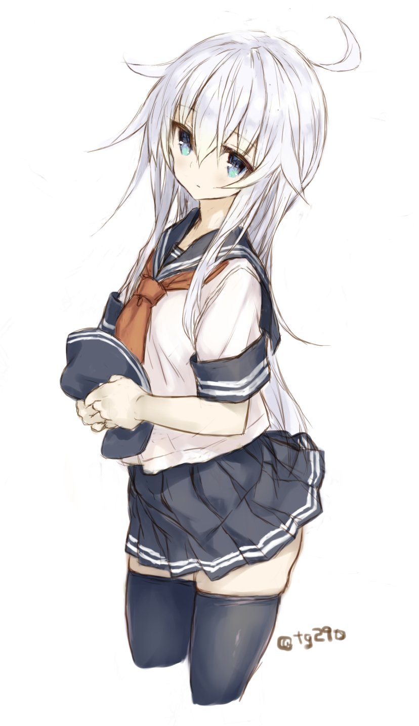 1girl anchor_symbol black_legwear black_skirt blue_eyes closed_mouth eyebrows_visible_through_hair flat_cap goekawa hair_between_eyes hat hibiki_(kantai_collection) highres kantai_collection long_hair looking_at_viewer neckerchief pleated_skirt sailor_collar school_uniform serafuku silver_hair simple_background skirt solo thigh-highs twitter_username white_background