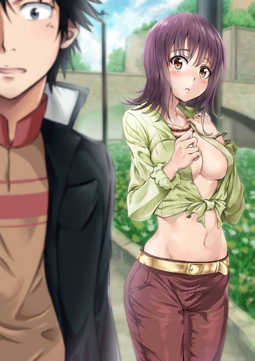 1boy 1girl :o bangs belt black_eyes black_hair black_jacket blue_sky blurry blurry_background blurry_foreground blush bracelet bridge brown_eyes brown_hair brown_pants clenched_hand clouds cloudy_sky collarbone commentary day earrings eyebrows_visible_through_hair front-tie_top gakuran green_shirt hand_on_own_chest hedge_(plant) highres itsuwa jacket jewelry kamijou_touma lamppost long_sleeves looking_at_another medium_hair midriff navel no_bra orange_shirt out_of_frame outdoors pants parted_lips sayuuiede school_uniform shirt sky standing striped striped_shirt tied_shirt to_aru_majutsu_no_index vertical-striped_shirt vertical_stripes yellow_belt