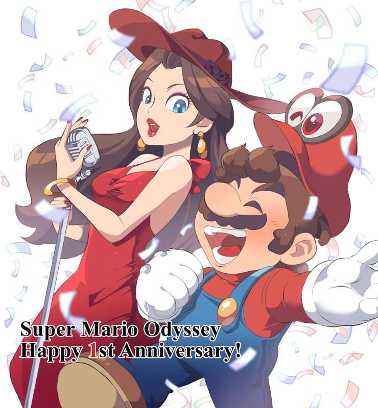 1boy 1girl blue_eyes breasts brown_hair dress earrings facial_hair hat jewelry lipstick long_hair makeup mario super_mario_bros. mustache nintendo omochi_(glassheart_0u0) pauline_(mario) red_dress short_hair simple_background super_mario_bros. super_mario_odyssey