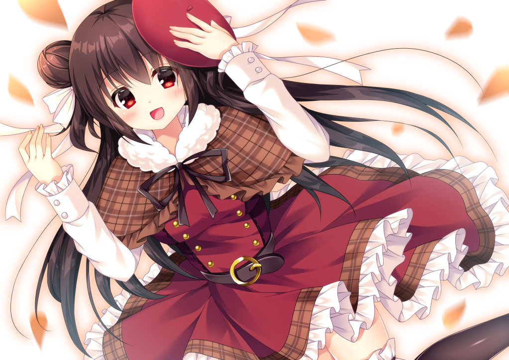1girl :d arm_up bangs beret black_legwear blurry blurry_background blush brown_capelet brown_hair brown_ribbon capelet commentary_request depth_of_field dress dutch_angle eyebrows_visible_through_hair fingernails frilled_capelet frilled_dress frilled_legwear frilled_sleeves frills fujikura_ryuune fur-trimmed_capelet fur_trim hair_between_eyes hair_bun hand_on_headwear hat long_hair long_sleeves looking_at_viewer neck_ribbon open_mouth original petals plaid_capelet red_dress red_eyes red_hat ribbon side_bun sleeves_past_wrists smile solo thigh-highs tilted_headwear very_long_hair white_background