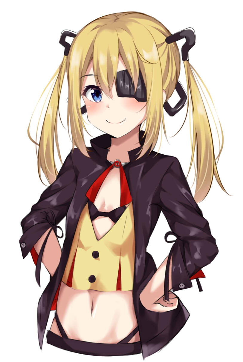 1girl bangs bikini_top black_bikini_top black_jacket blonde_hair blue_eyes blush closed_mouth commentary_request crop_top eyebrows_visible_through_hair eyepatch girls_frontline hair_between_eyes hands_on_hips highres jacket kohakope long_hair long_sleeves looking_at_viewer midriff navel open_clothes open_jacket sidelocks simple_background smile solo twintails upper_body vz.61_(girls_frontline) white_background